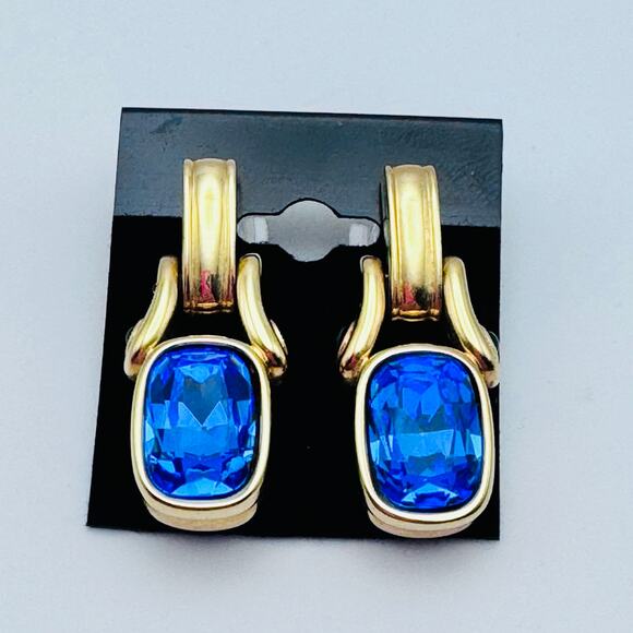 Vintage SWAROVSKI Swan Stamped Blue and Gold Tone Earrings - Picture 1 of 4